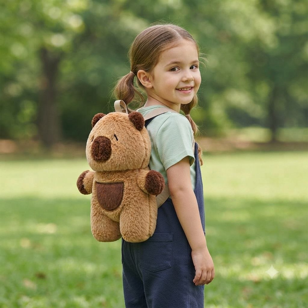MOCHILA DE PELUCHE DE CAPIBARA PREMIUM BOLSO INFANTIL DE FELPA SUAVE DE GRAN CAPACIDAD CON FRUTA INTERACTIVA Y CORREAS AJUSTABLES  27x25 CM