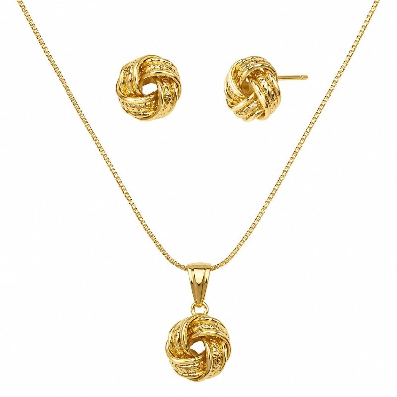 SET DE ENCHAPE PARA DAMA CADENA, DIJE Y TOPOS NUDO DE AMOR TEXTURIZADO Y PULIDO