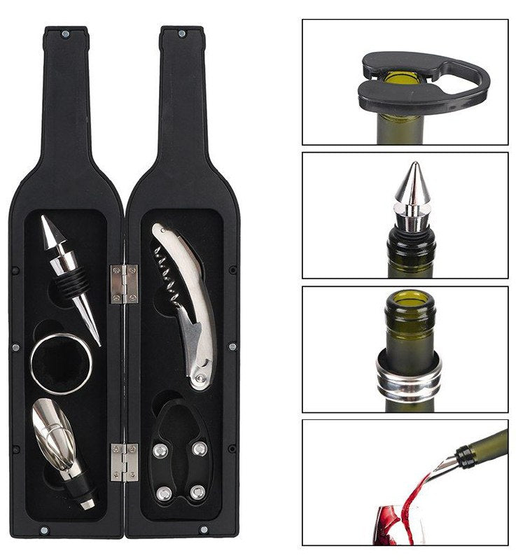 HERRAMIENTAS SACA CORCHO , ABRIDOR DE VINOS DE 5 PIEZAS, ESTUCHE DE TRANSPORTE CON FORMA DE BOTELLA 32X10CM