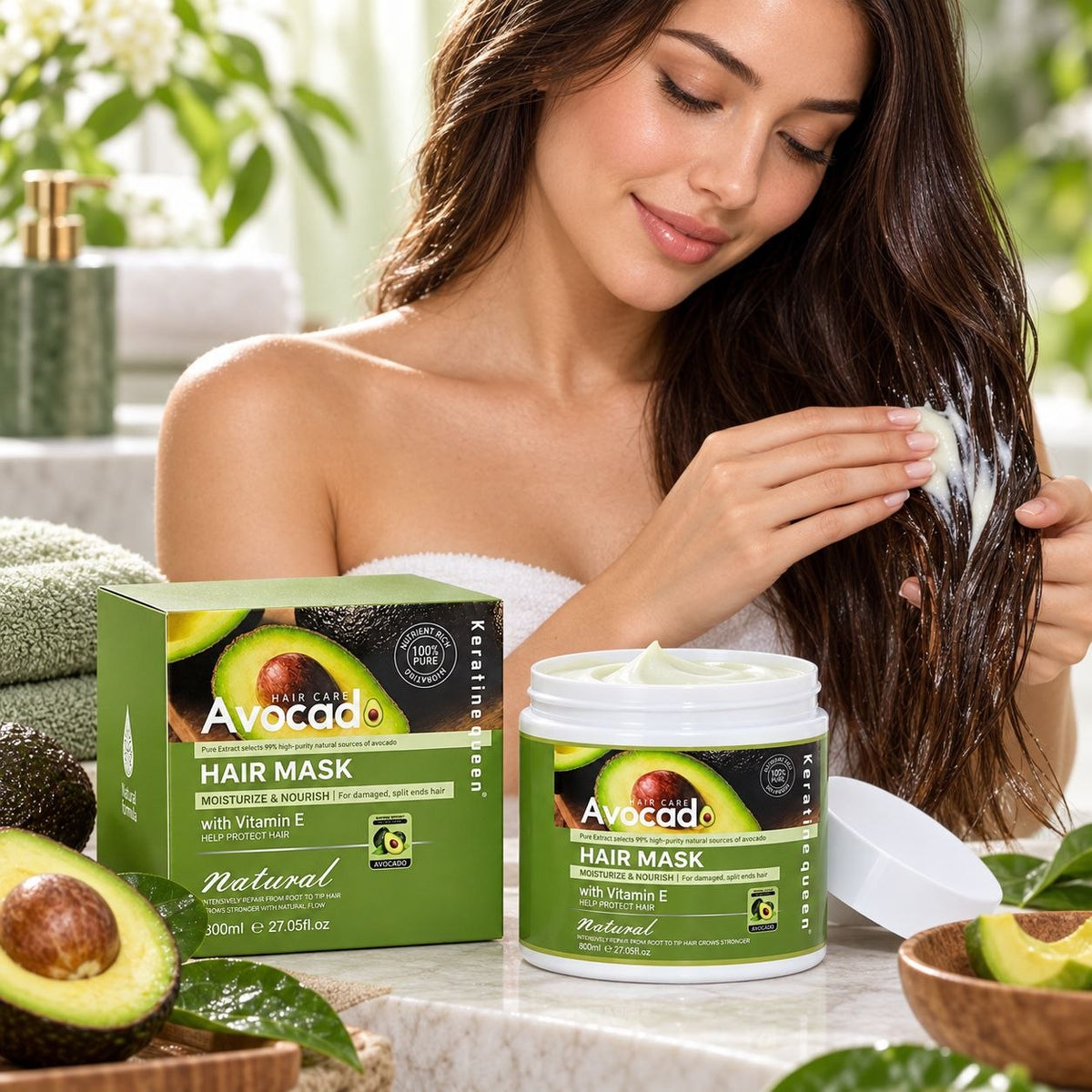 MASCARILLA PARA EL CABELLO CON AGUACATE Y VITAMINA E KERATINE QUEEN 800ML