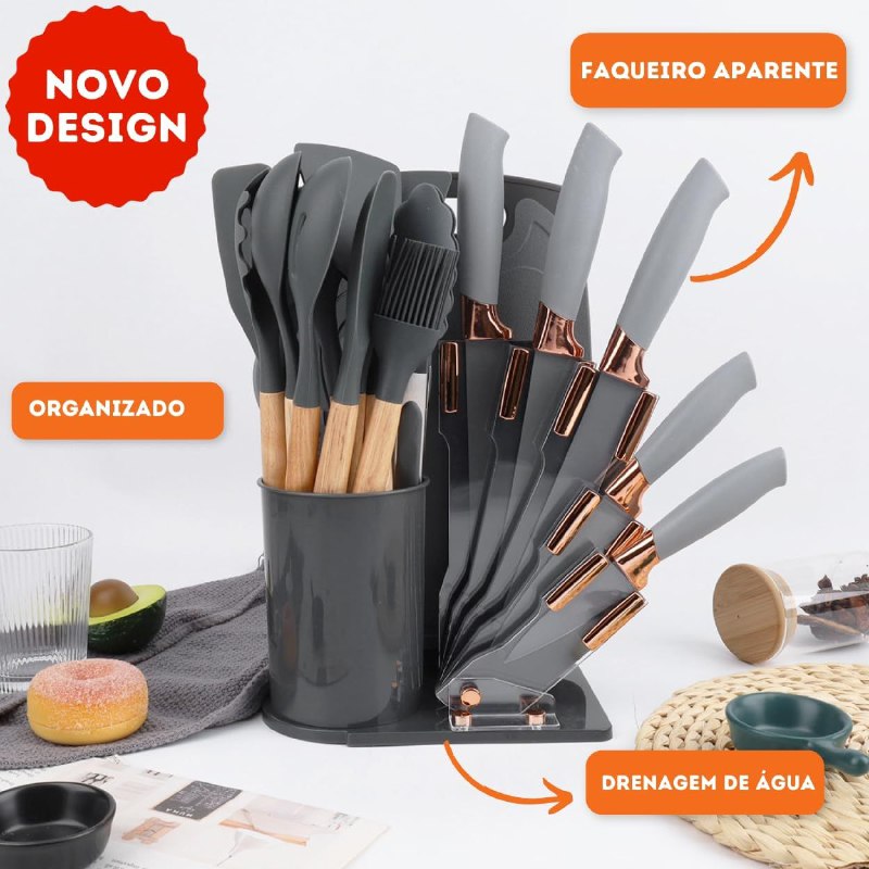 JUEGO DE CUCHILLOS DE COCINA CON UTENSILIOS Y TABLA DE PICAR COLOR GRIS EVRYEALTH 18PCS