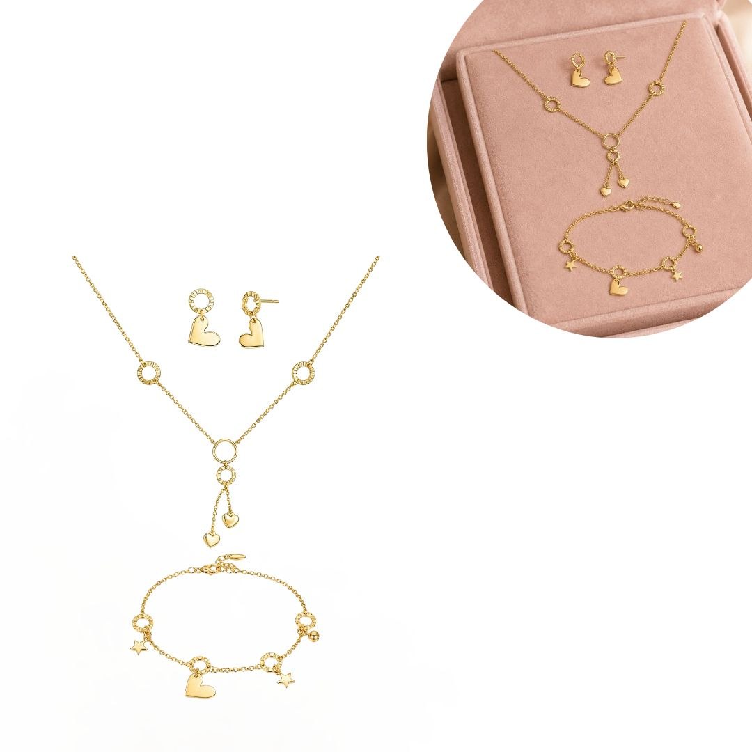 SET COMPLETO DE ENCHAPE PARA DAMA COLLAR ESTILO LARIAT, PULSERA Y ARETES CORAZÓN Y ESTRELLAS