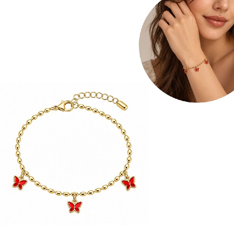 PULSERA DE ENCHAPE PARA DAMA CON DISEÑO DE MARIPOSA ROJA