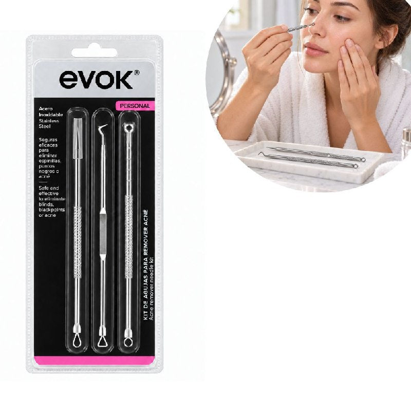 SET DE HERRAMIENTAS PARA EXTRACCION DE IMPUREZAS COMO ACNE Y PUNTOS NEGROS DE ACERO INOXIDABLE EVOK 3PCS