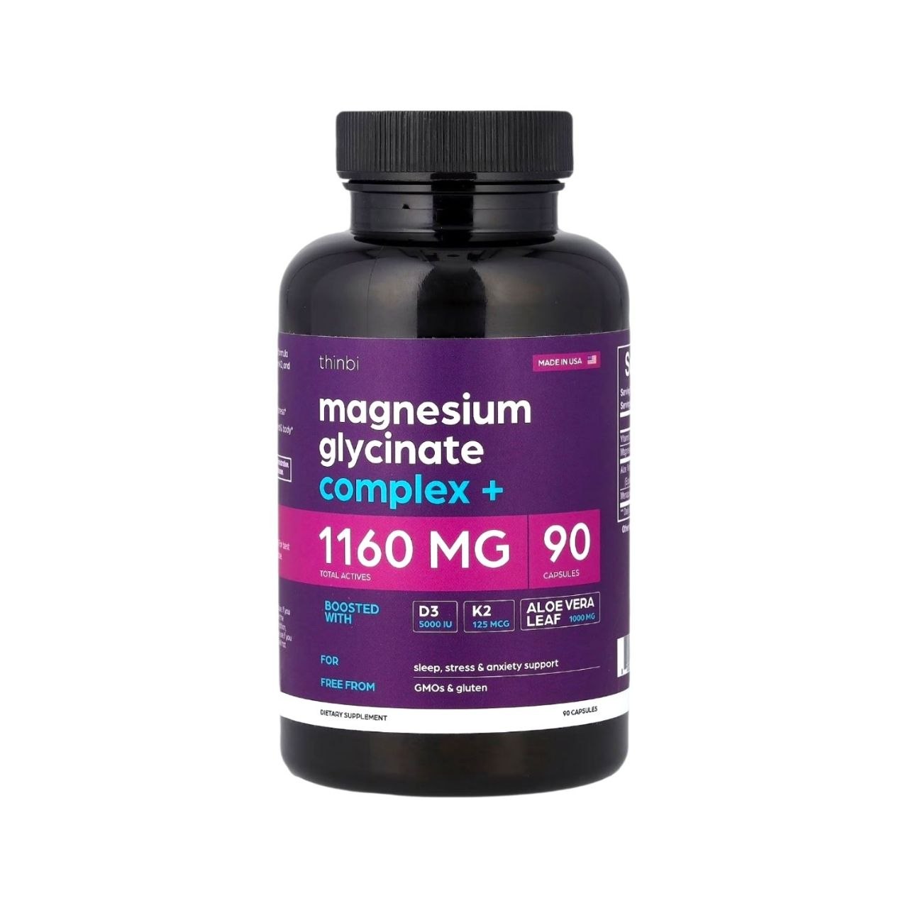 SUPLEMENTO ALIMENTICIO MINERAL COMPLEJO AVANZADO DE GLICINATO DE MAGNESIO CON VITAMINA D3, K2 Y ALOE VERA THINBI MAGNESIUM GLYCINATE COMPLEX + 90 CÁPSULAS