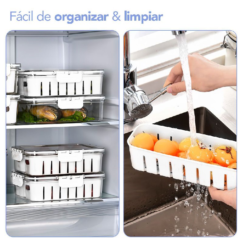 ORGANIZADOR RECIPIENTE ALMACENADOR DE ALIMENTOS, CAJA REFRIGERADORA DOBLE CAPA, DRENA Y ALMACENA ALIMENTOS FRESCOS 9X6CM
