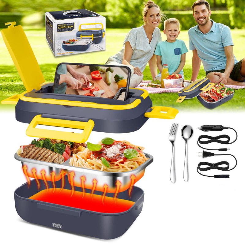 LONCHERA ELECTRICAM PLACA DE 3 REJILLAS DE ACERO INOXIDABLE DE GRADO ALIMENTARIO, CON CUCHARA Y TENEDOR, RESISTENTE AL CALOR, CORRIENTE 110V Y CARGADOR CENIZERO DE AUTO ELECTRIC LUNCH BOX 1.5L