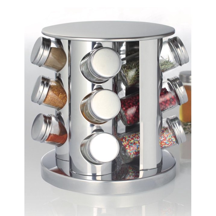 ORGANIZADOR ESPECIERO GIRATORIO REDONDO DE ACERO INOXIDABLE DE 12 BOTES DE VIDRIO 21CMX18.5CM