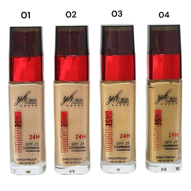 BASE LIQUIDA LARGA DURACIÓN PROTECCIÓN SOLAR SPF 25 ACABADO NATURAL Y LIGERO EN LA PIEL,BASE TRANSPIRABLE 4 TONOS YH BEJA COSMETICS 50ML