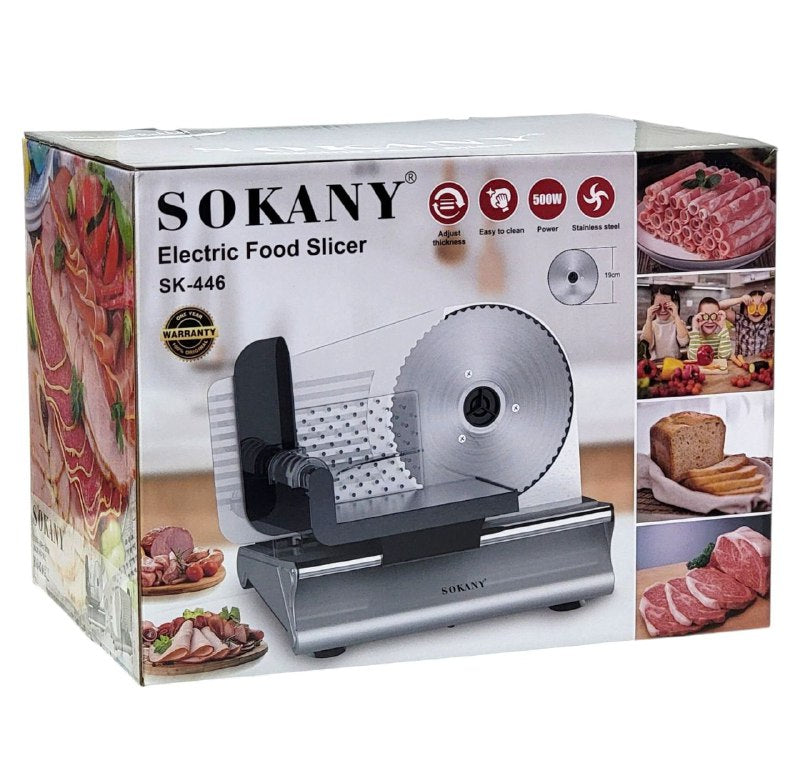 MAQUINA CORTADORA DE ALIMENTOS ELECTRICA SK-446, BAJO NIVEL DE RUIDO, 190MM DIAMETRO, HOJA DE ACERO INOXIDABLE, PROTECCION PARA LOS DEDOS, AJUSTE FINO A GRUESO SOKANY