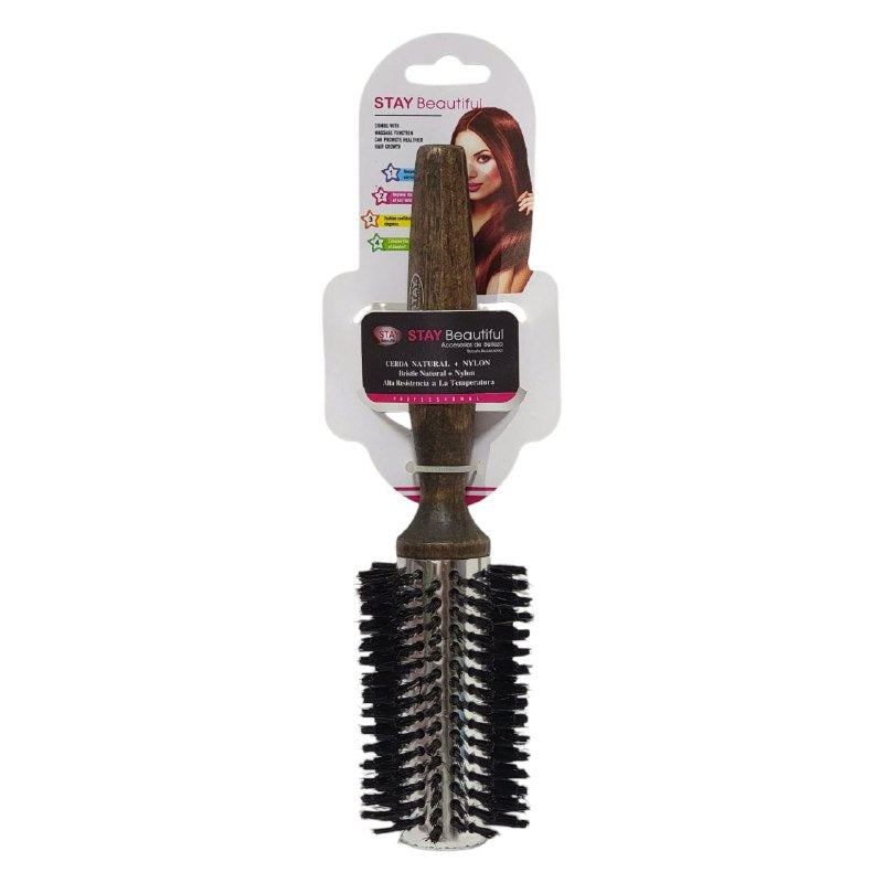 CEPILLO PEINE REDONDO DE MADERA, CERDA NATURAL NYLON ALTA RESISTENCIA A LA TEMPERATURA STAY BEAUTIFUL