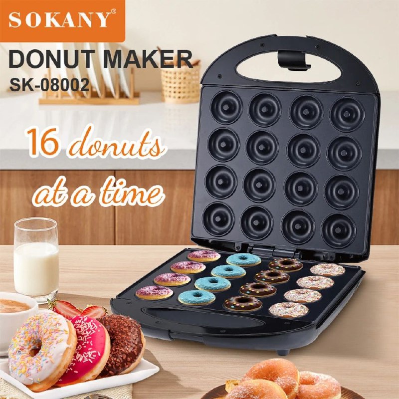 MAQUINA DE MINI DONAS, CAPACIDAD DE 16 DONAS A LA VEZ, POTENCIA DE 1400W, ALTO VOLTAJE, FACIL DE LIMPIAR, CALEFACCION DOBLE CARA SOKANY SK-08002