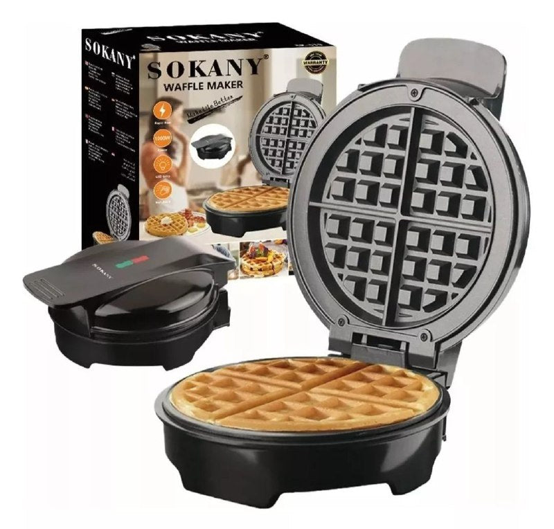 MAQUINA WAFFLERA REDONDA DE 1000W DE POTENCIA Y CALENTAMIENTO ULTRARAPIDO UNIFORME SK-519 SOKANY