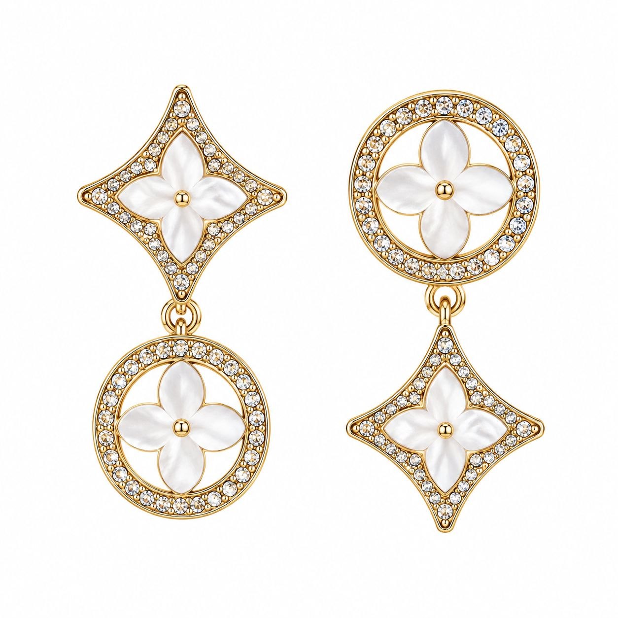 ARITOS DE ENCHAPE EN DORADO PARA DAMA ASIMÉTRICOS COLGANTES DE FLOR Y ESTRELLA EN NÁCAR CON PAVÉ DE CIRCONES