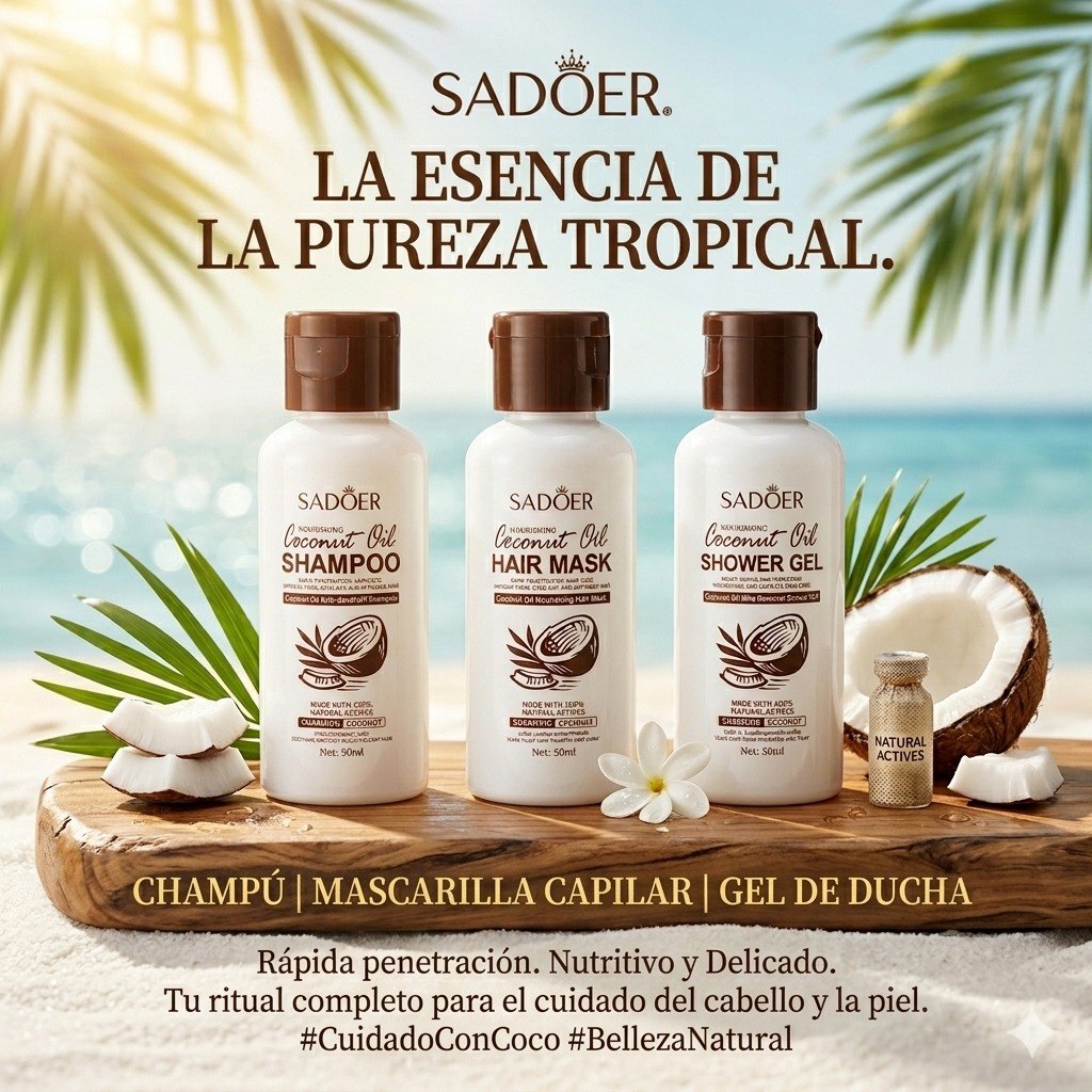 SHAMPOO PARA EL CABELLO EN SET DE 3 PIEZAS DE ACEITE DE COCO NUTRITIVO SADOER SHAMPOO 50ML, MASCARILLA CAPILAR 50ML, GEL DE DUCHA 50ML