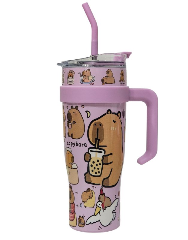 VASO TERMO DE ACERO INOXIDABLE CON ASA DISEÑO DE CAPIBARA,CAPYBARA CON SORBETE Y MUCHO ESTILO 1200ML