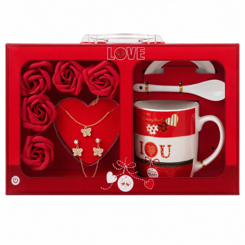 SET DE REGALO DE 9 PIEZAS LOVE (TAZA, PLATO, CUCHARA, SET DE JOYERÍA Y ROSAS) 1 UND