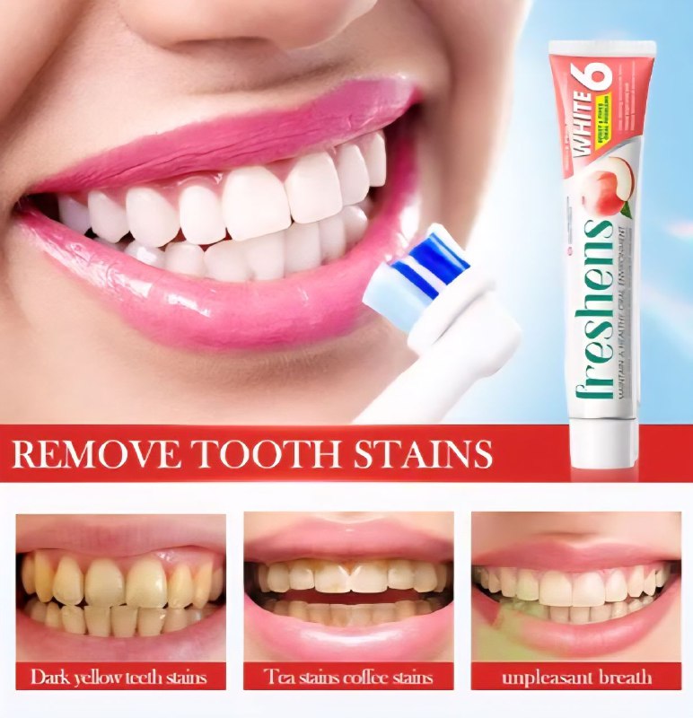 PASTA DE DIENTES, DE MELOCOTON, LIMPIA PROFUNDAMENTE LAS MANCHAS DIFICILES Y EL SARRO BLANDO DE LOS DIENTES, ELIMINA DIENTES AMARILLOS, CUIDA LAS ENCIAS Y REFRESCA EL ALIENTO SADOER 100G