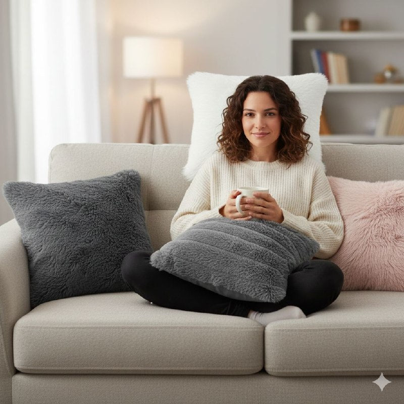 COJIN ALMOHADA ELEGANTE ULTRA SUAVE Y PELUDA DE FELPA SINTETICA, 5 COLORES