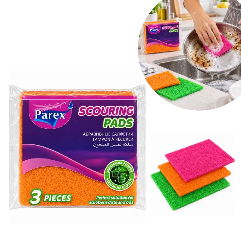 SET DE 3 ESPONJAS ABRASIVAS PARA FREGADO QUITA GRASA PAREX 12X12CM
