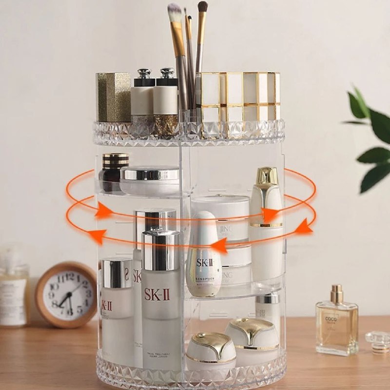 ORGANIZADOR DE MAQUILLAJE Y COSMETICOS GIRATORIO 360 EN FORMA DIAMANTE 23X33CM