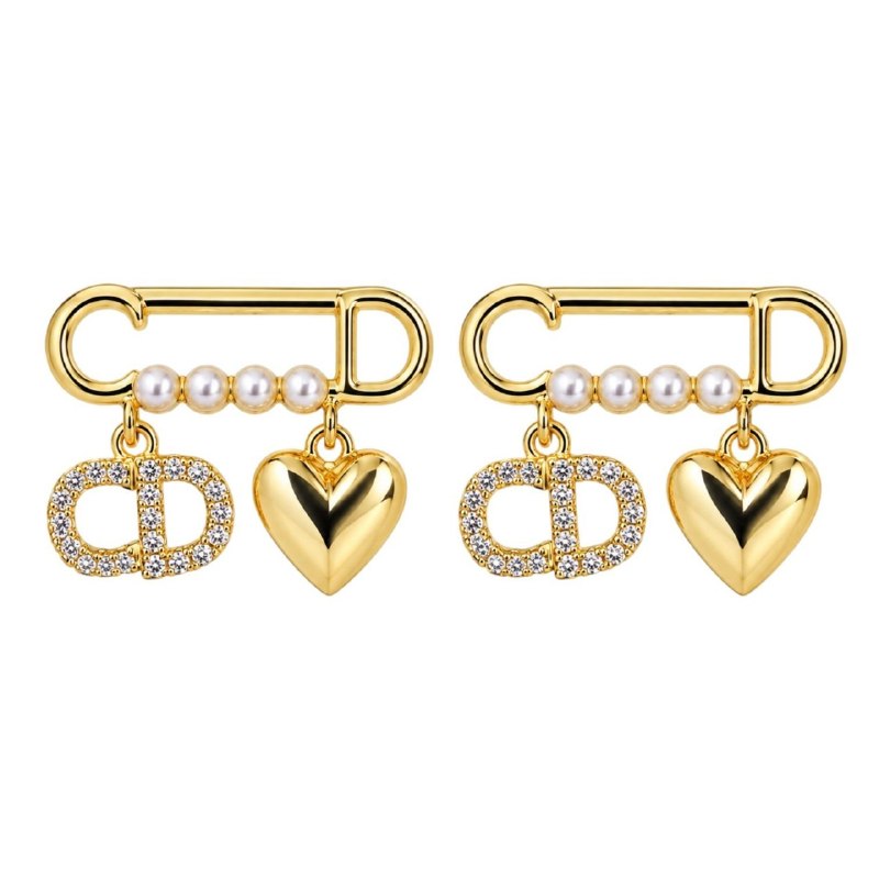 ARITOS DE ENCHAPE CON DISEÑO DE IMPERDIBLE CON PERLAS, LOGO DE CIRCONES Y CORAZÓN 2CM