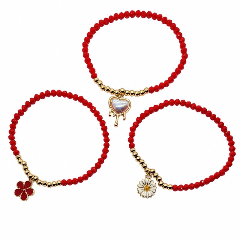 SET DE PULSERAS DE ENCHAPE ELASTICAS CON DISEÑO DE CORAZON Y FLORES