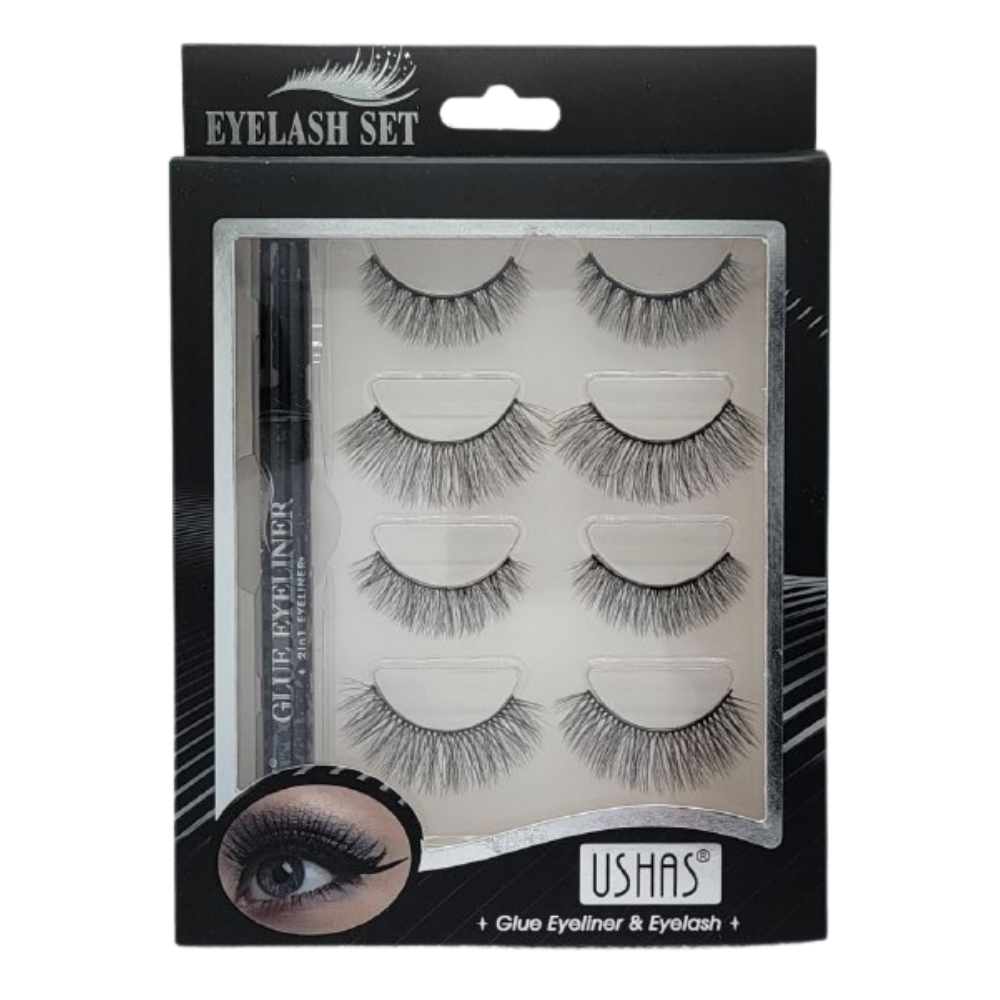 SET DE PESTAÑAS CON PEGAMENTO Y DELINEADOR DE OJOS USHAS