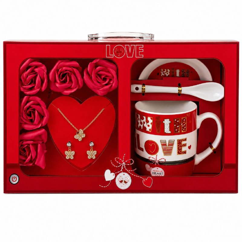 SET DE REGALO DE 9 PIEZAS LOVE (TAZA, PLATO, CUCHARA, SET DE JOYERÍA Y ROSAS) 1 UND