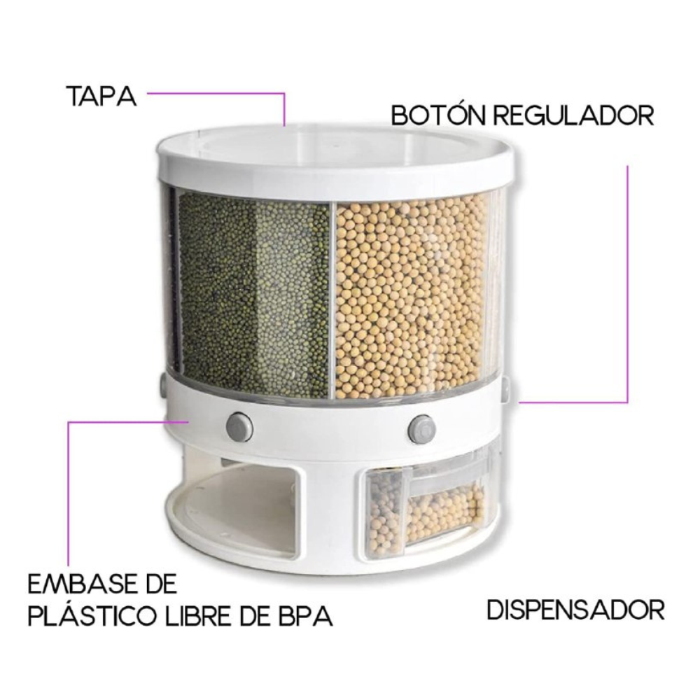 ALMACENADOR DISPENSADOR ORGANIZADOR CEREALES Y GRANOS DE ALIMENTOS GIRATORIO DE 6 REJILLAS