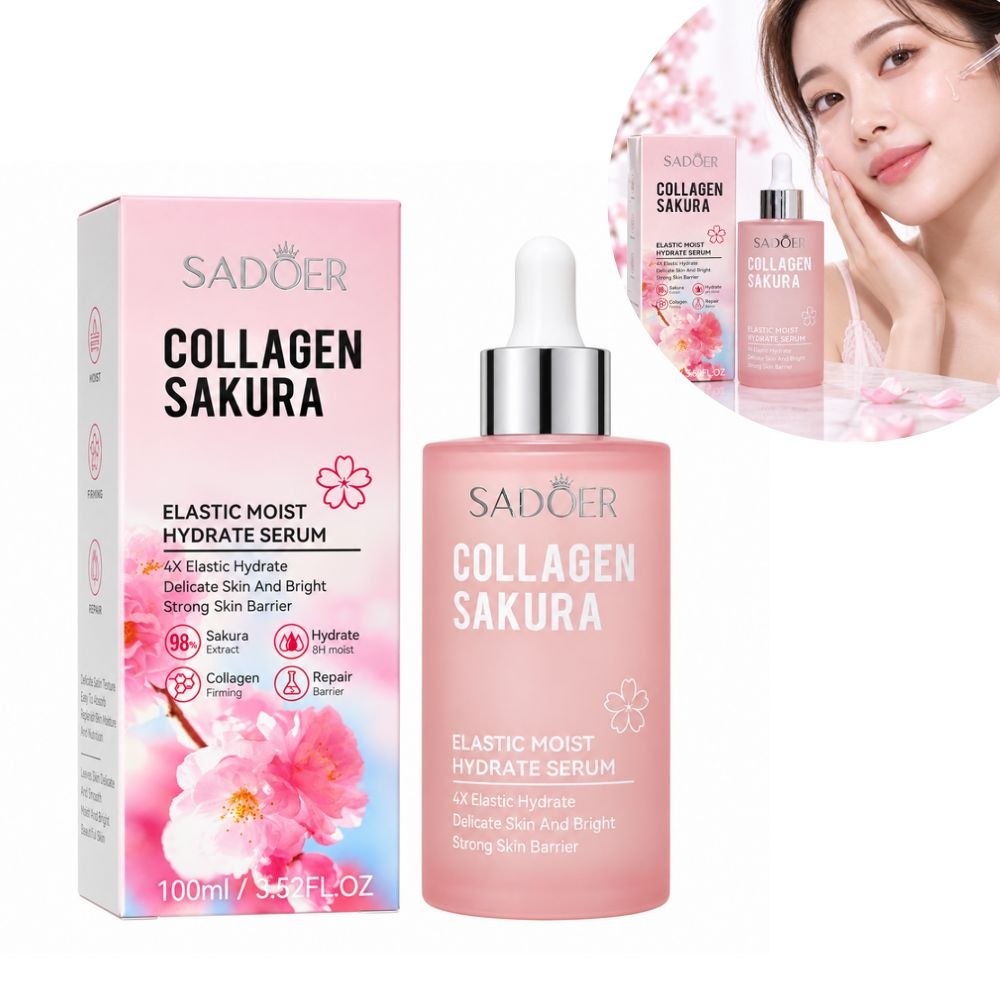 SUERO FACIAL DE COLAGENO Y SAKURA, DA TEXTURA HIDRATANTE DE FACIL ABSORCION, BLANQUE LA PIEL Y LA DEJA SUAVE SADOER 100ML