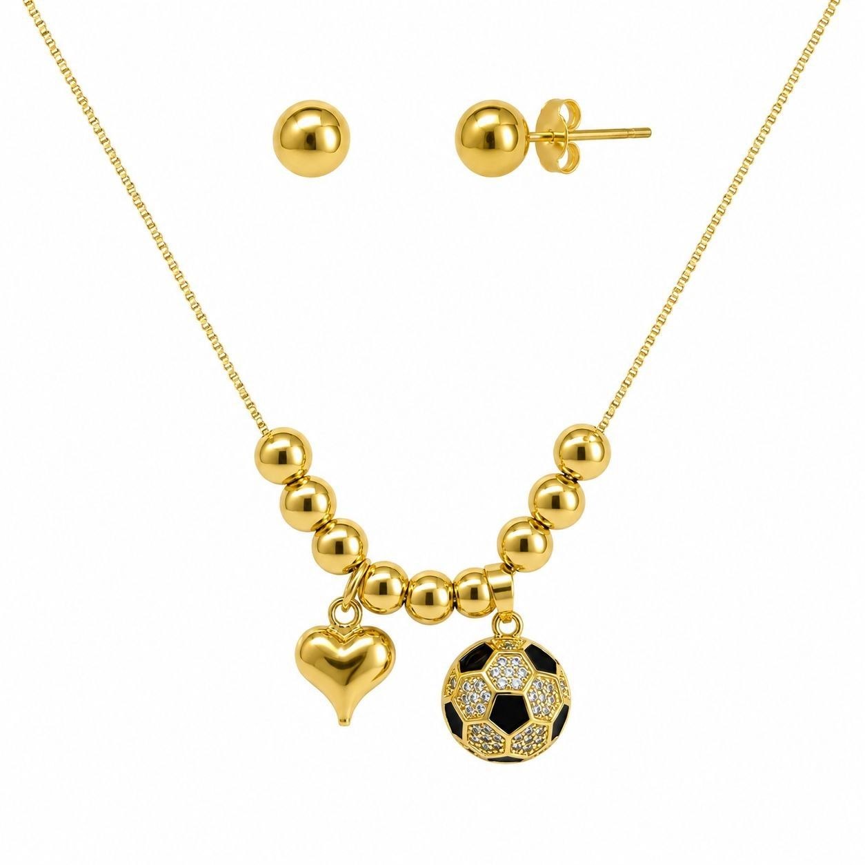 SET DE ENCHAPE PARA DAMA COLLAR CON BALINES, DIJES CORAZÓN Y BALÓN FÚTBOL CON CIRCONES Y ESMALTE NEGRO CON TOPOS BALÍN