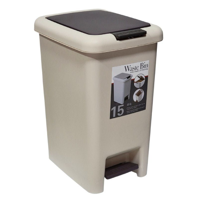 BASURERO CESTA PARA BASURA DE PLASTICO CON TAPA Y PEDAL COLOR BEIGE CON CAPACIDAD DE 15LBS WASTE BIN 22X31X40CM
