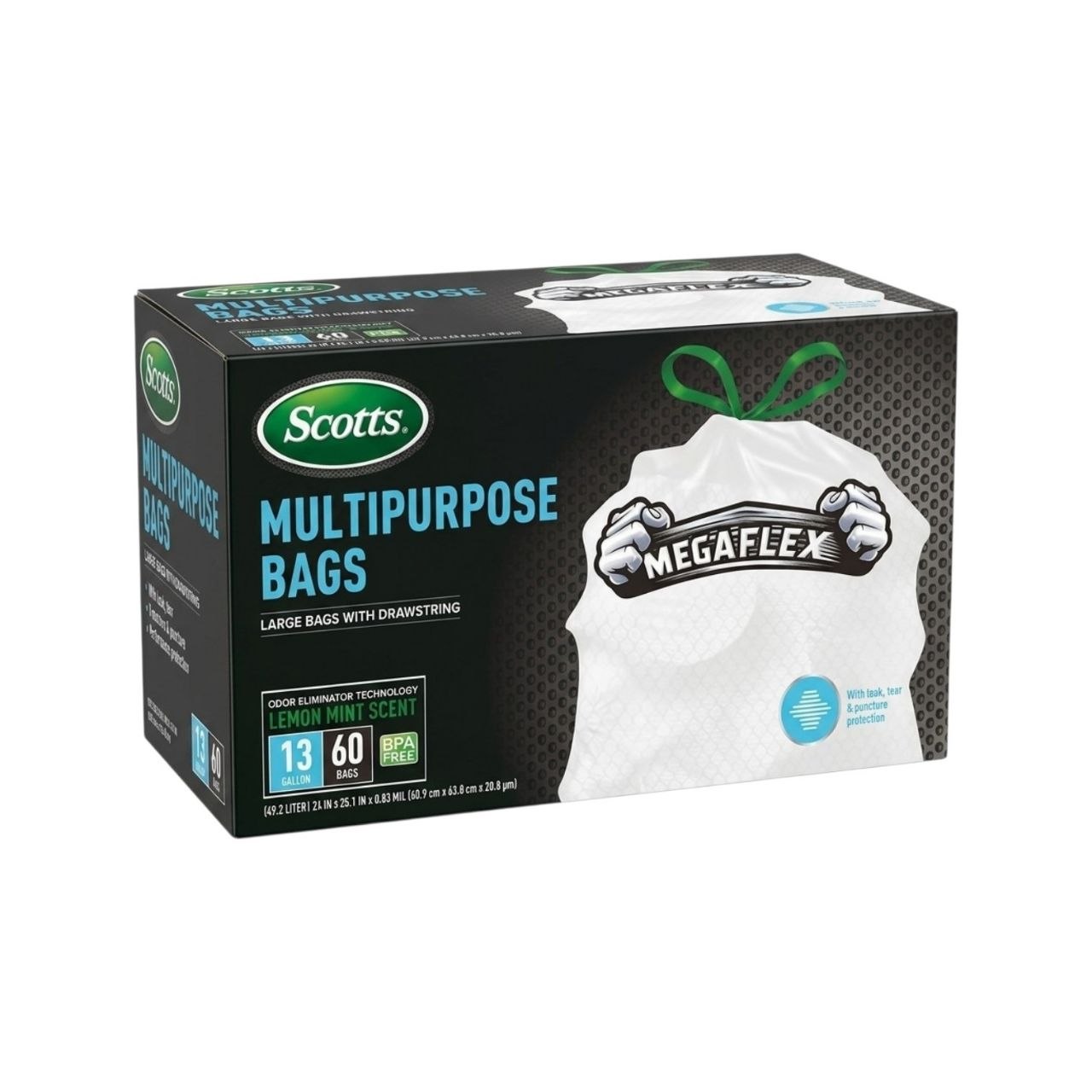 BOLSAS DE BASURA MULIUSO REFORZADAS CON CONTROL DE OLORES Y CORDON AJUSTABLE 13 GALONES 60PCS SCOTTS 60X63CM