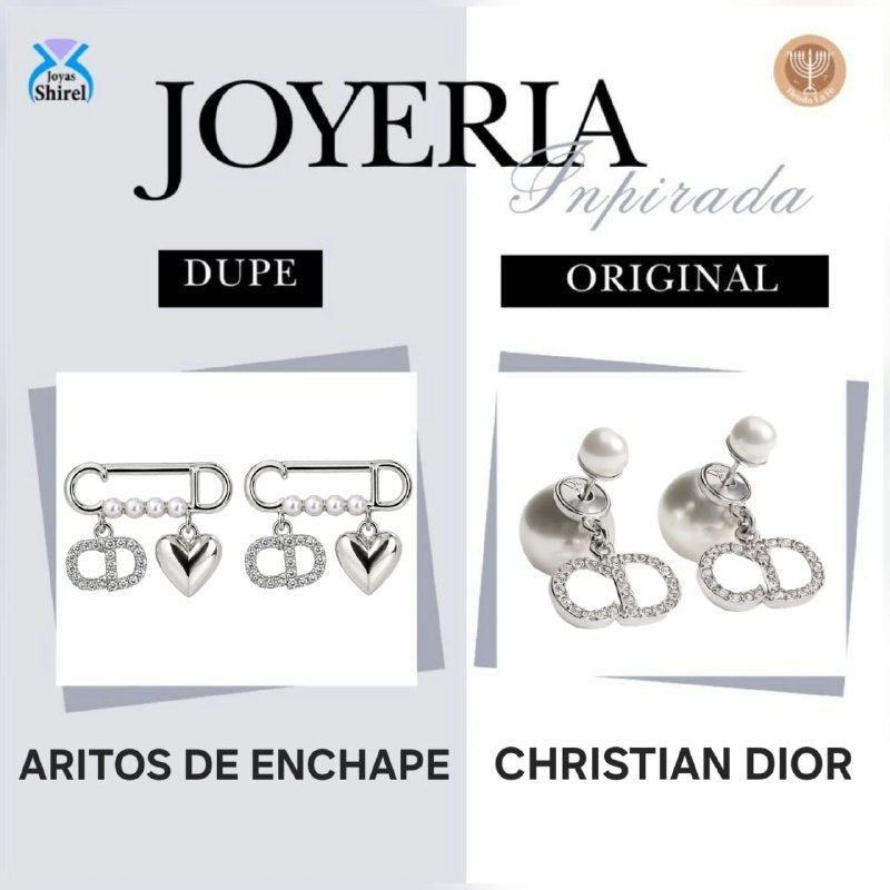 ARITOS DE ENCHAPE PLATEADO CON DISEÑO DE IMPERDIBLE CON PERLAS, LOGO DE CIRCONES Y CORAZÓN 2CM