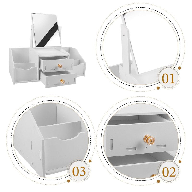 ORGANIZADOR ESTANTE DE COSMETICOS COLOR BLANCO CON ESPEJO DOBLE CAJON 35X16X28CM