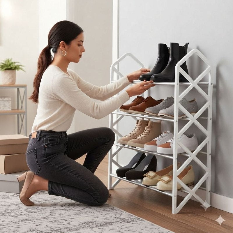 ZAPATERO ORGANIZADOR COMPACTO MODULAR DE 4 NIVELES CON SOPORTES LATERALES EN FORMA DE DIAMANTE SHOE RACK YX105 58X42X18.5 CM