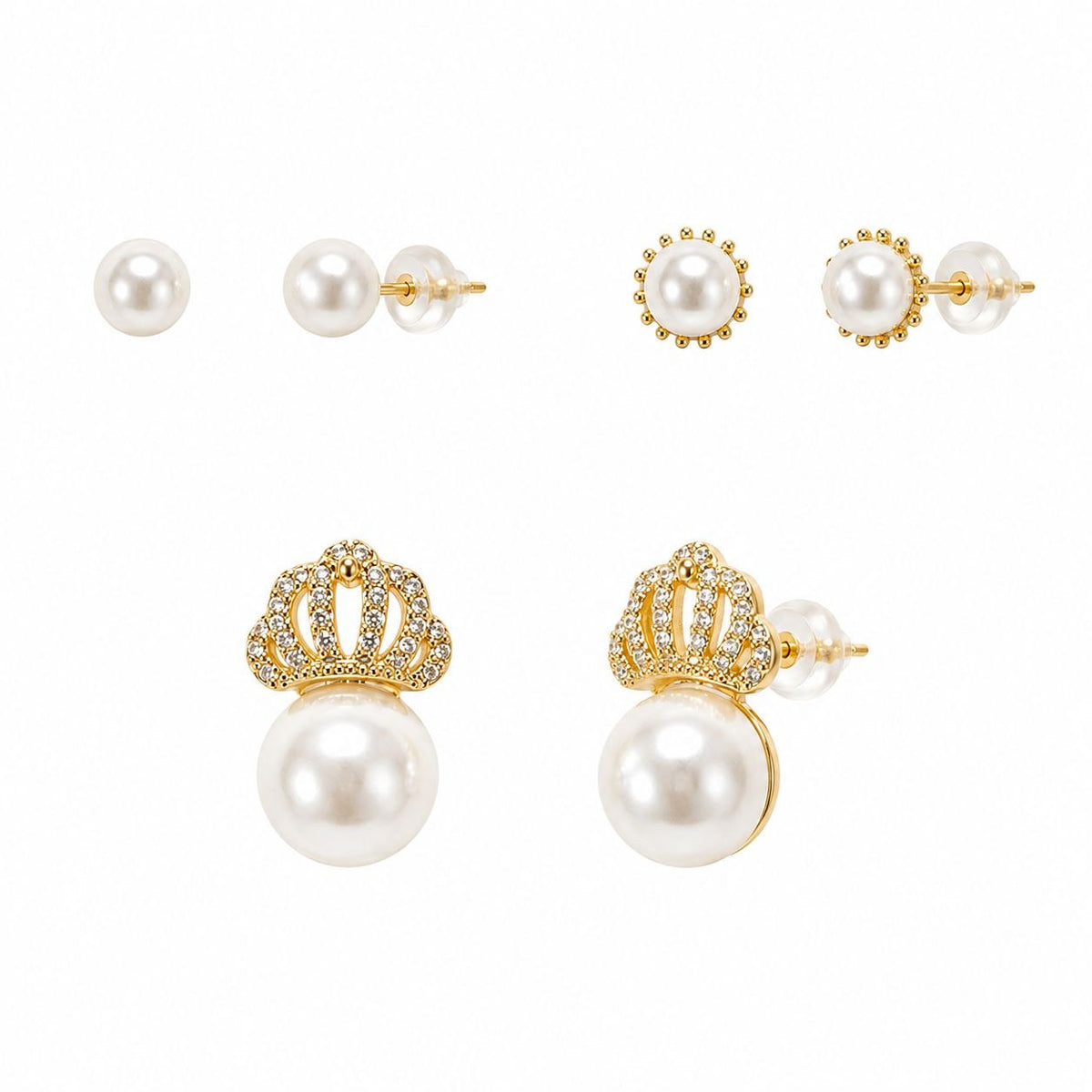 SET DE ARETES ENCHAPE PARA DAMA TRIPLE PAR CON CORONA EN PAVÉ Y PERLAS