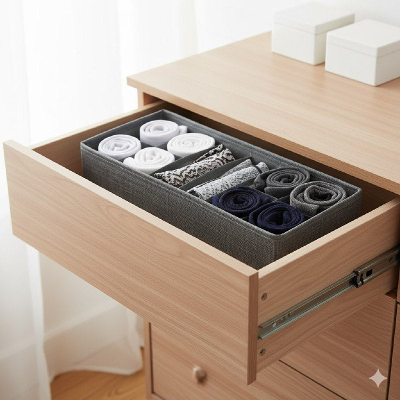 ORGANIZADOR CAJA DE ALMACENAMIENTO DE 6 COMPARTIMIENTOS FIJOS, PARA FAJAS, ROPA INTERIOR, CALCETINES Y MAS