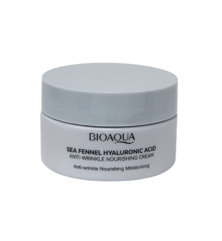 CREMA FACIAL DE ACIDO HIALURONICO DE HINOJO MARINO HIDRATANTE 60G, CON TEXTURA HUMEDA Y FACIL ABSORCION PARA HIDRATAR PROFUNDAMENTE, REDUCIR ARRUGAS Y CUIDAR LA PIEL SENSIBLE DEJANDOLA SUAVE BIOAQUA