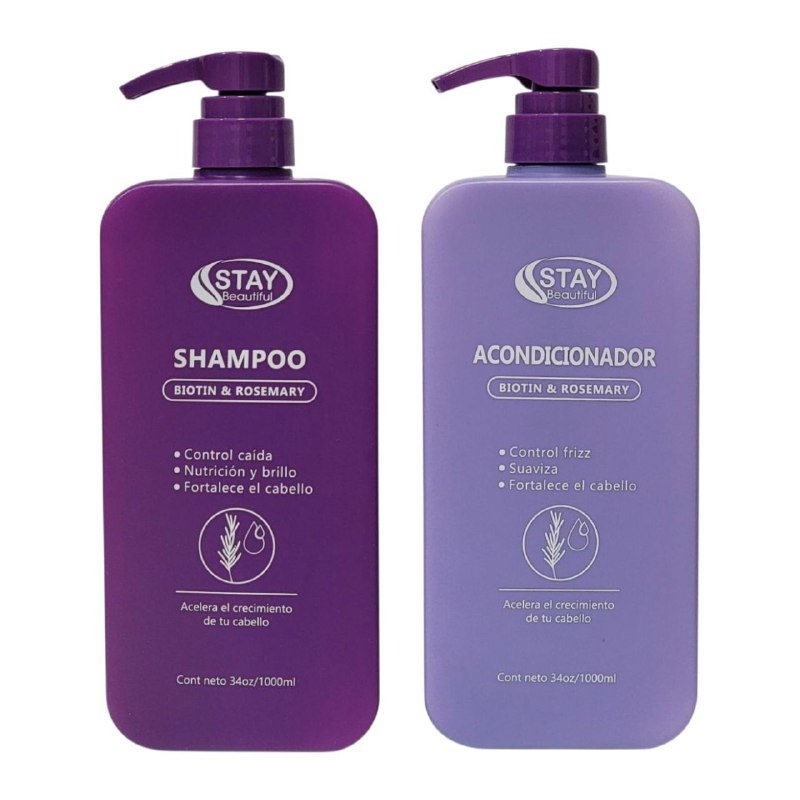 SET DE SHAMPOO Y ACONDICIONADOR DE BIOTINA Y EXTRACTO DE ACEITE DE ROMERO, ACELERA EL CRECIMIENTO DEL CABELLO ANTICAIDA NUTRICION Y BRILLO STAY BEAUTIFUL 1000MLX2