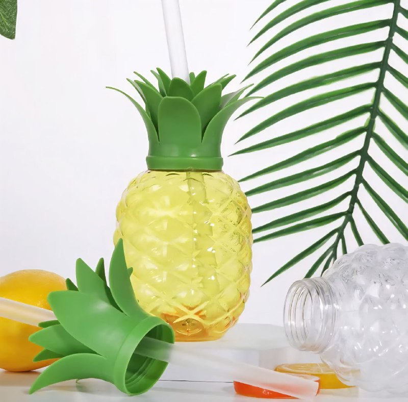 VASO EN FORMA DE PIÑA DE PLASTICO CON PAJILLA PARA BEBIDAS FRIAS O COCTELES 2 COLORES