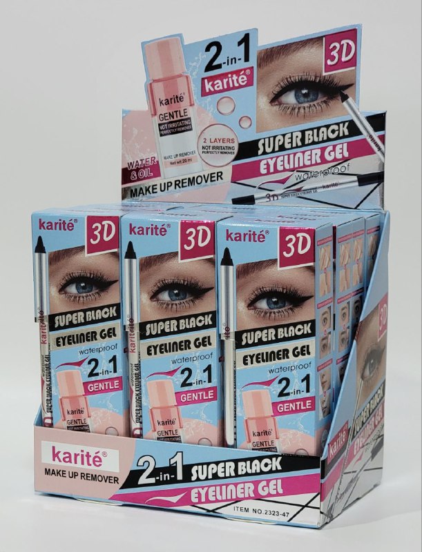 DELINEADOR DE OJOS EN GEL 2 EN 1 IMPERMEABLE Y DESMAQUILLANTE AGUA Y ACEITE NO IRRITANTE KARITE