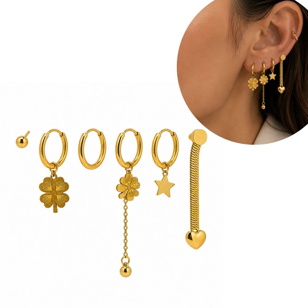 SET DE ARETES / ARRACADAS DE ENCHAPE PARA DAMA CON DIJES CELESTIALES Y DE SUERTE