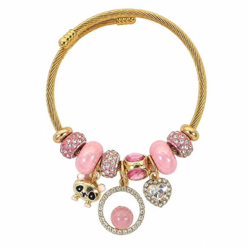 PULSERA DE ENCHAPE PARA DAMA CON DISEÑO DE LUNA, PANDA Y CORAZON 6CM