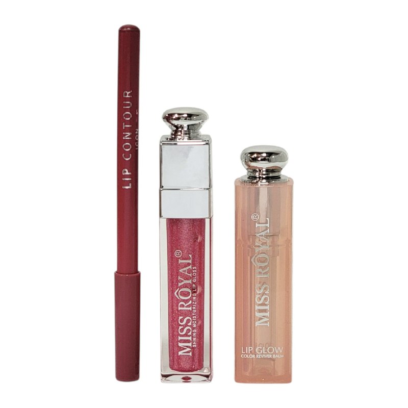 SET DE BRILLO LABIAL DELINEADOR DE LABIOS Y BALSAMO LABIAL EN TONOS NATURALES 3PCS MISS ROYAL (DUPE DE DIOR)
