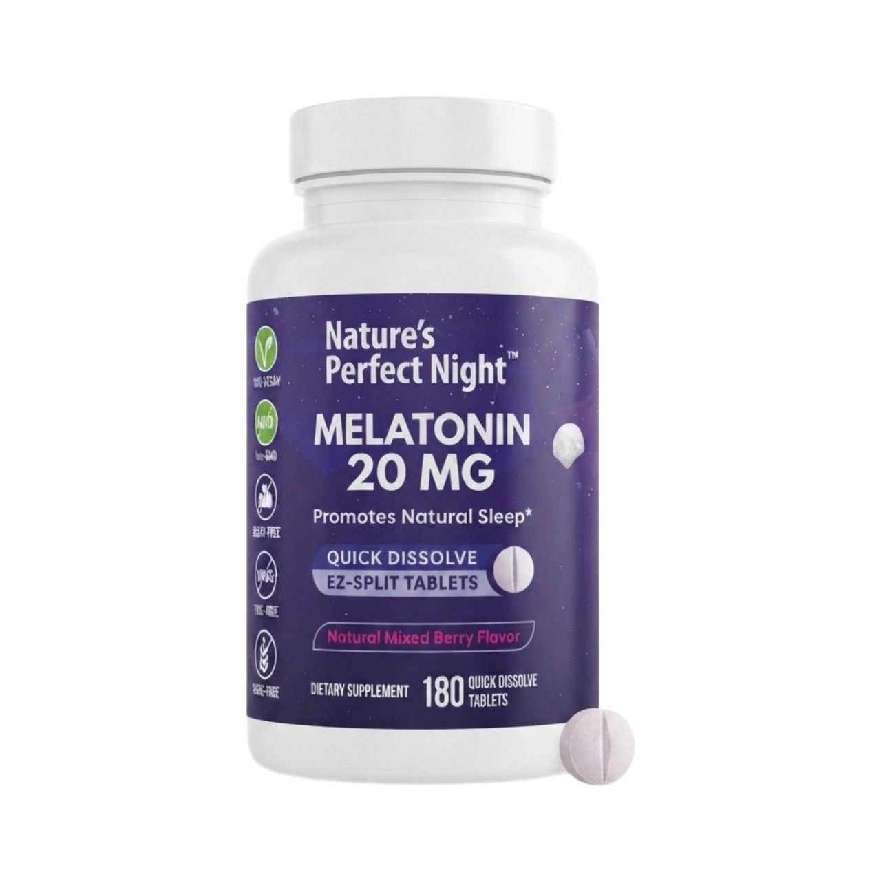 SUPLEMENTO TABLETAS DE MELATONINA ULTRA CONCENTRADAS DE DISOLUCIÓN RÁPIDA Y DOSIS AJUSTABLE SABOR NATURAL A BAYAS MIXTAS  NATURE'S PERFECT NIGHT MELATONIN 20 MG 180 TABLETAS