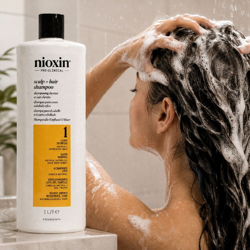 SHAMPOO PURIFICANTE Y ENGROSADOR PARA CABELLO DELGADO CON NIACINAMIDA Y ACEITE DE MENTA NIOXIN 1000ML