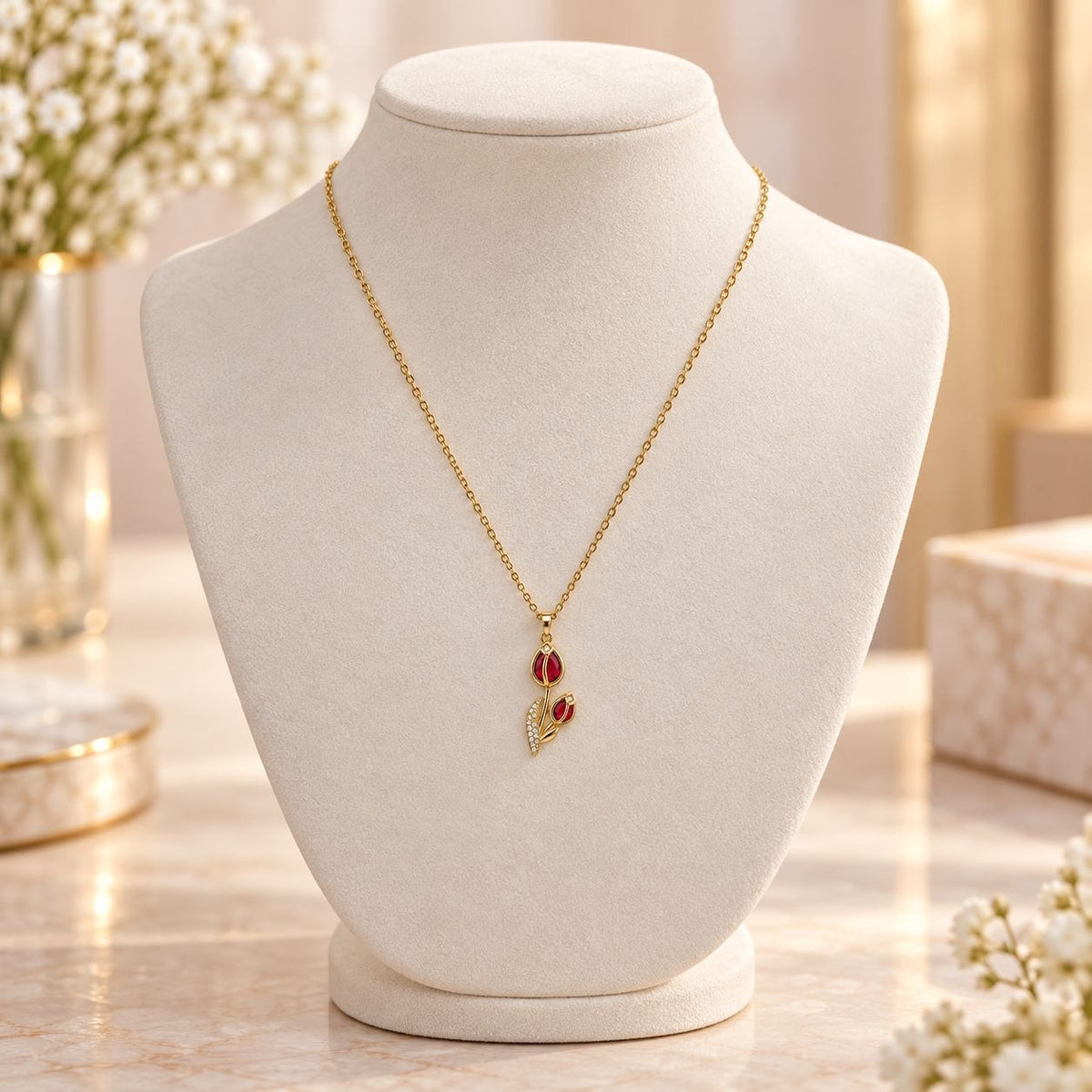 GARGANTILLA DE ENCHAPE PARA DAMA CON DISEÑO DE DOBLE TULIPÁN ROJO 3.2CM