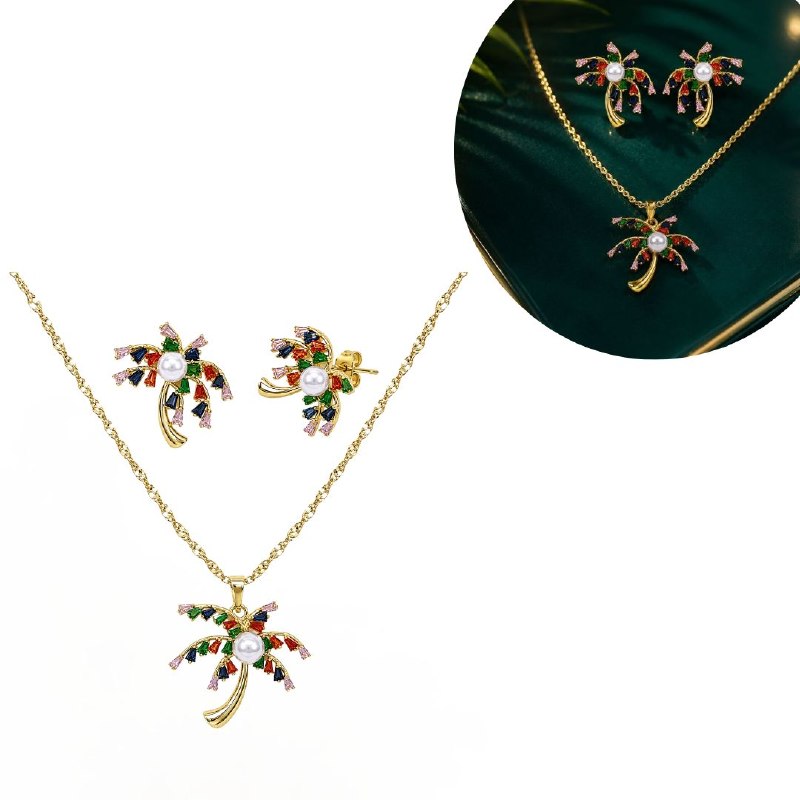 SET DE ENCHAPE PARA DAMA CADENA, DIJE Y TOPOS PALMERA CON CIRCONES MULTICOLOR Y PERLA